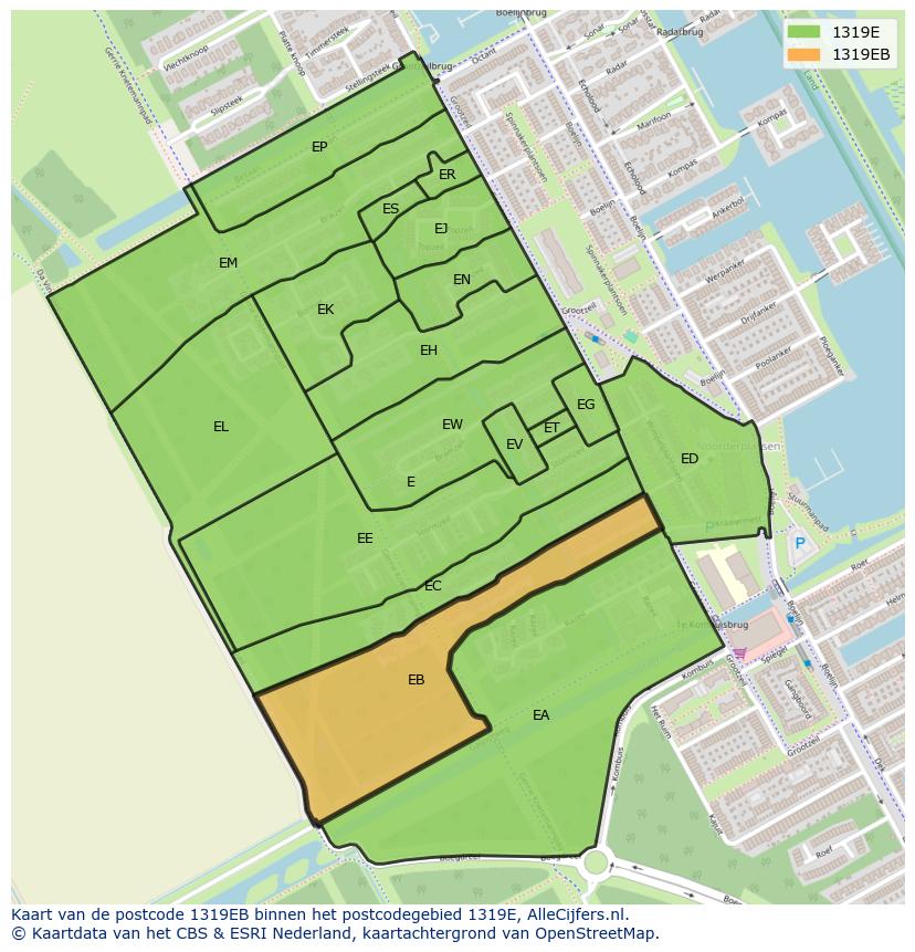 Afbeelding van het postcodegebied 1319 EB op de kaart.