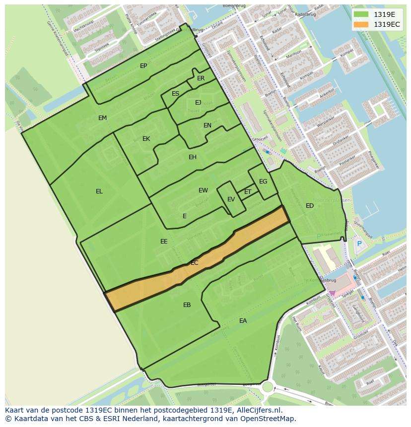 Afbeelding van het postcodegebied 1319 EC op de kaart.
