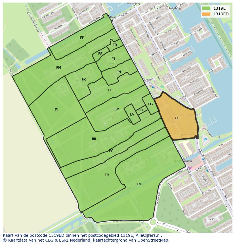 Afbeelding van het postcodegebied 1319 ED op de kaart.
