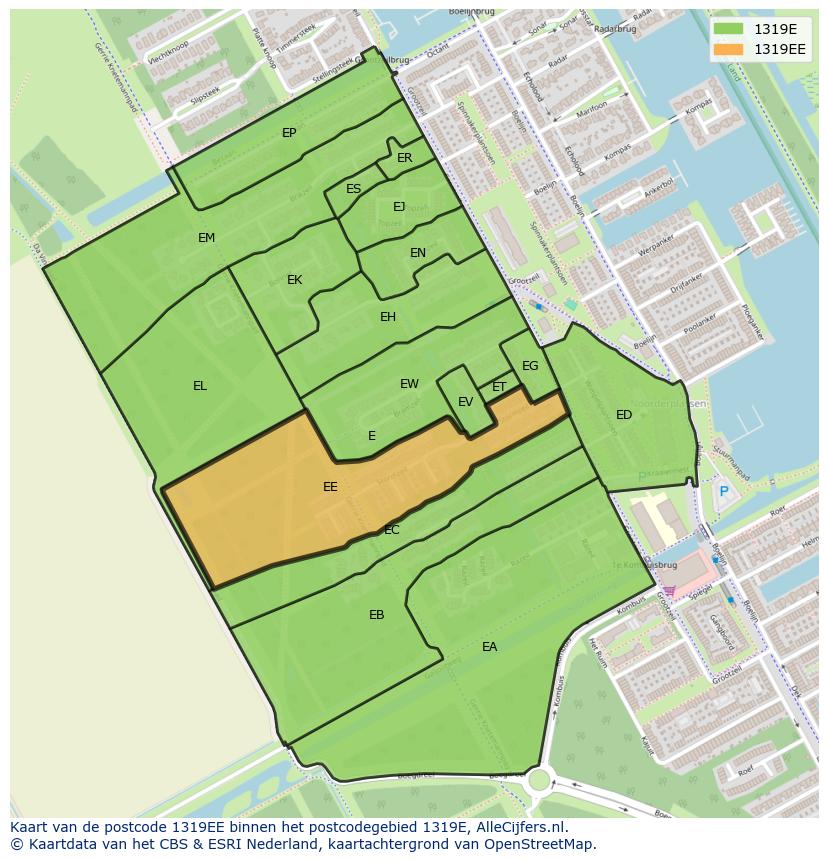 Afbeelding van het postcodegebied 1319 EE op de kaart.
