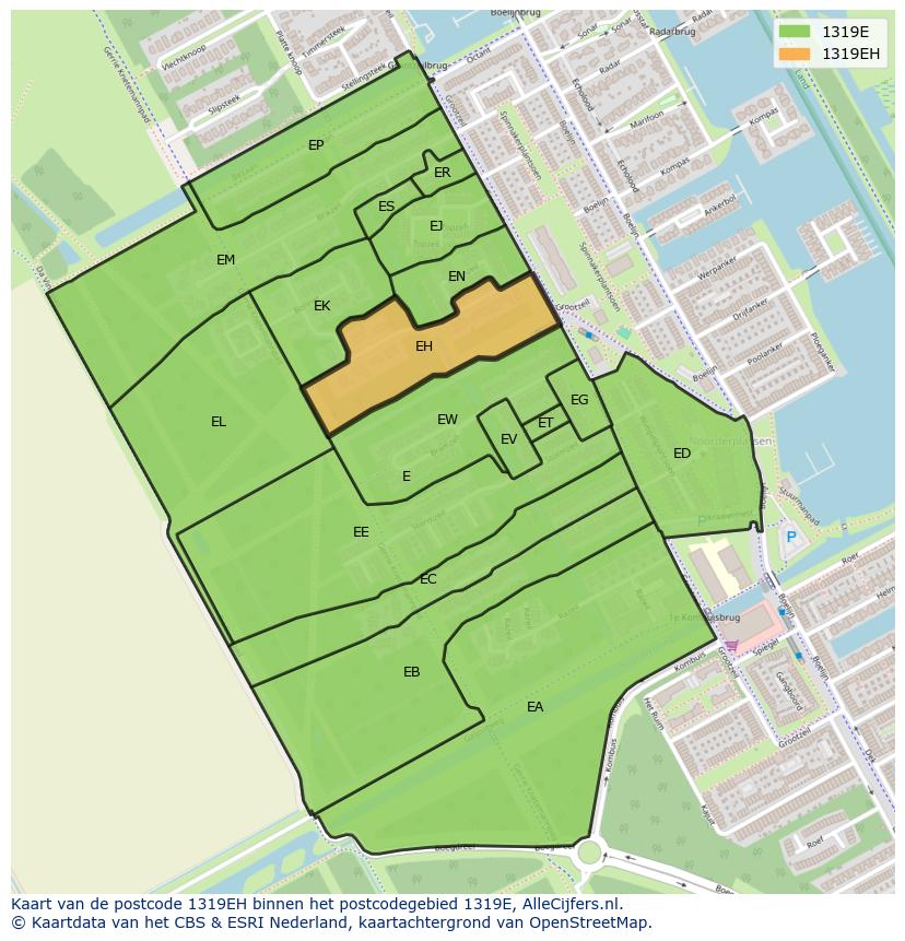 Afbeelding van het postcodegebied 1319 EH op de kaart.