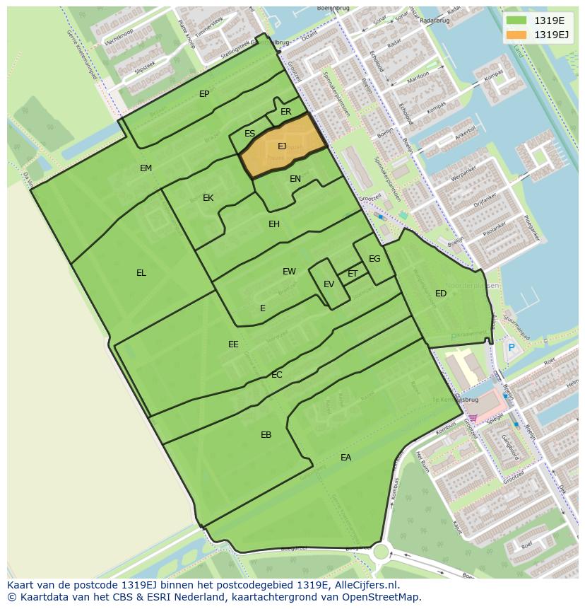 Afbeelding van het postcodegebied 1319 EJ op de kaart.