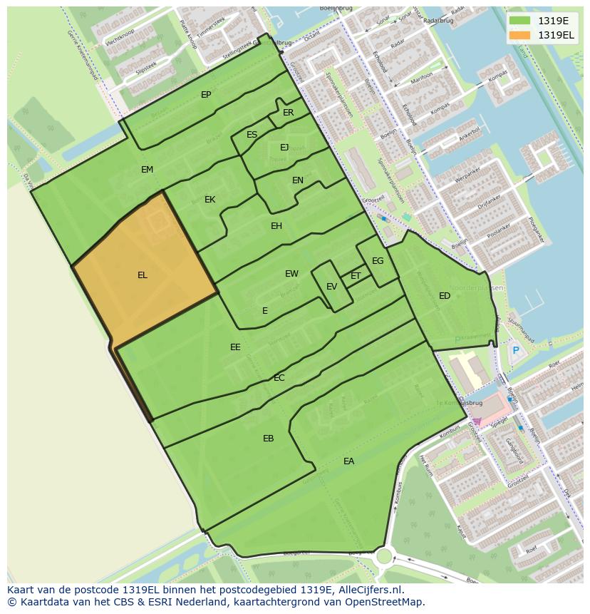 Afbeelding van het postcodegebied 1319 EL op de kaart.