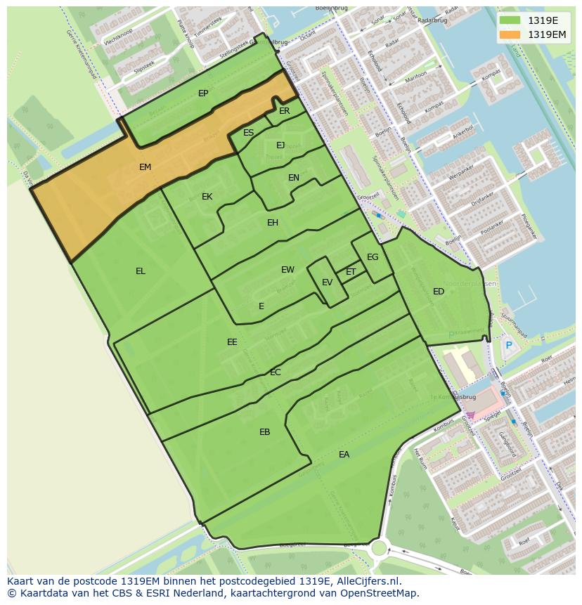 Afbeelding van het postcodegebied 1319 EM op de kaart.