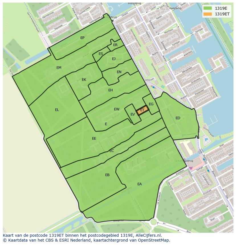 Afbeelding van het postcodegebied 1319 ET op de kaart.