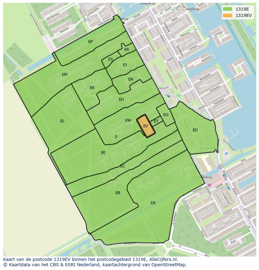 Afbeelding van het postcodegebied 1319 EV op de kaart.