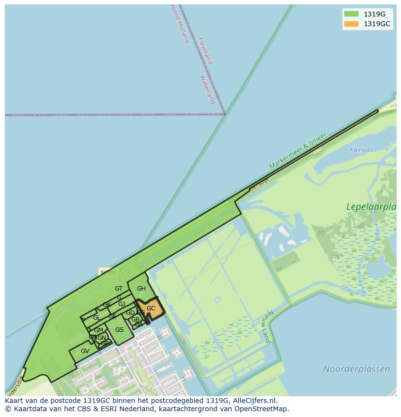 Afbeelding van het postcodegebied 1319 GC op de kaart.