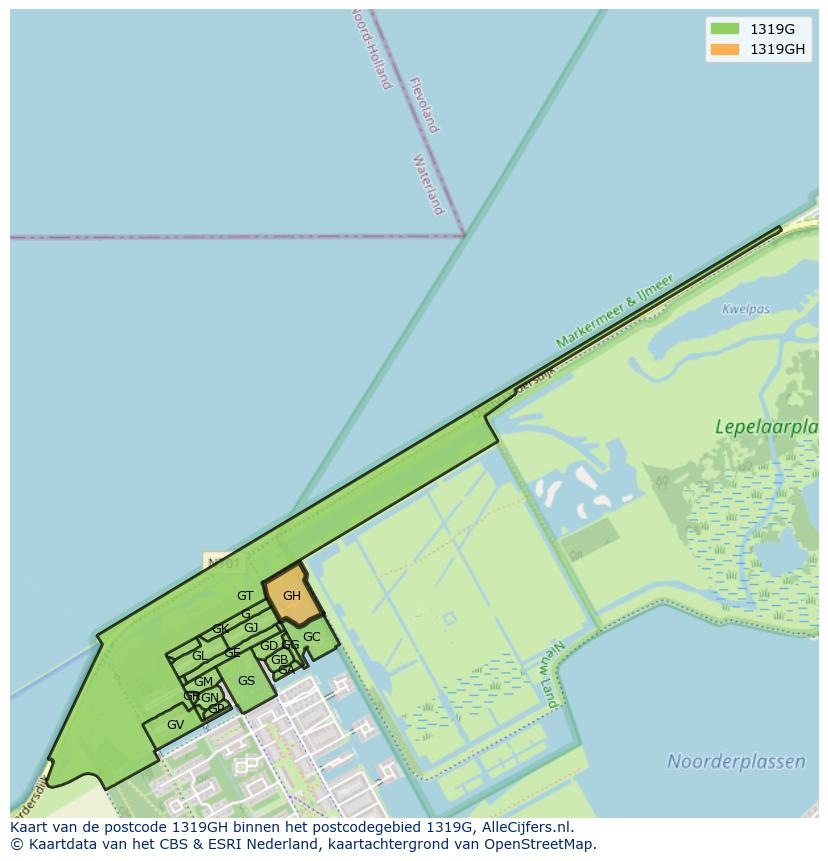 Afbeelding van het postcodegebied 1319 GH op de kaart.