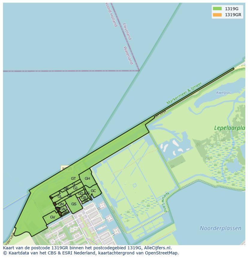Afbeelding van het postcodegebied 1319 GR op de kaart.