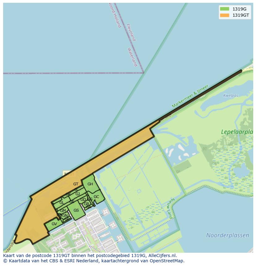 Afbeelding van het postcodegebied 1319 GT op de kaart.
