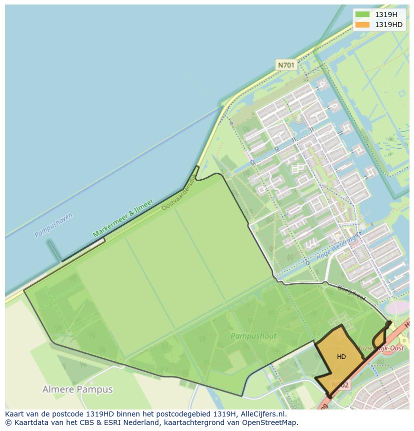Afbeelding van het postcodegebied 1319 HD op de kaart.