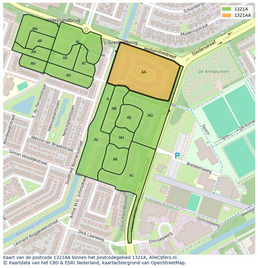 Afbeelding van het postcodegebied 1321 AA op de kaart.