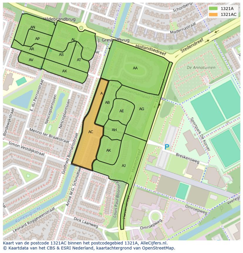 Afbeelding van het postcodegebied 1321 AC op de kaart.
