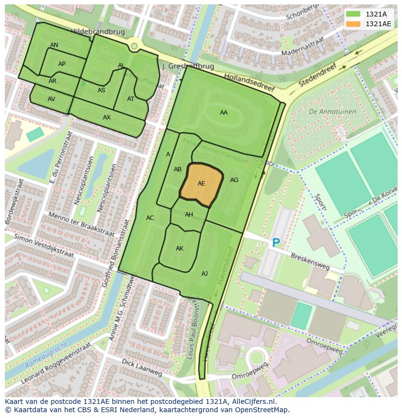 Afbeelding van het postcodegebied 1321 AE op de kaart.