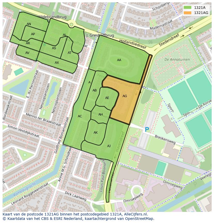 Afbeelding van het postcodegebied 1321 AG op de kaart.