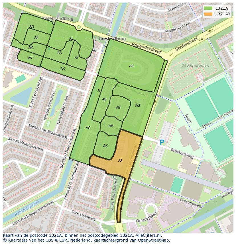 Afbeelding van het postcodegebied 1321 AJ op de kaart.