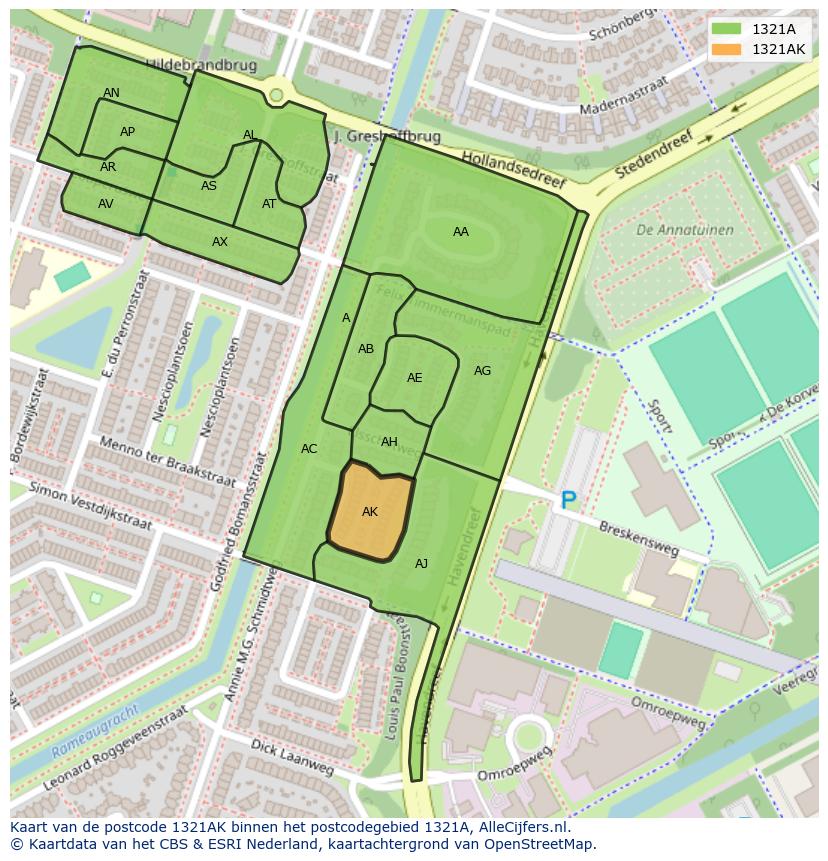 Afbeelding van het postcodegebied 1321 AK op de kaart.