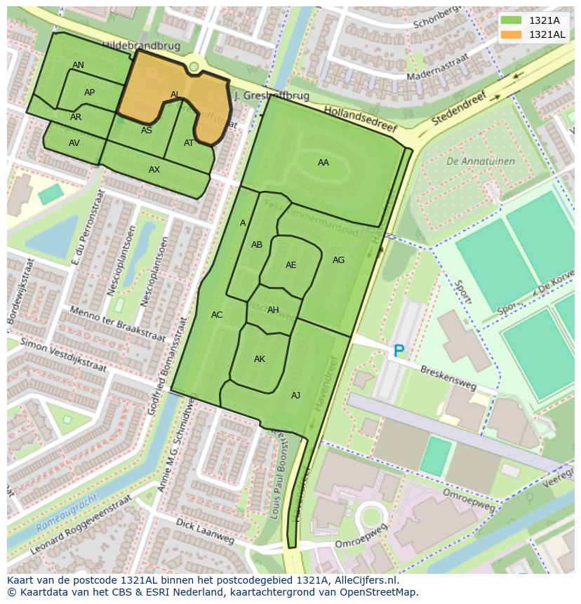 Afbeelding van het postcodegebied 1321 AL op de kaart.