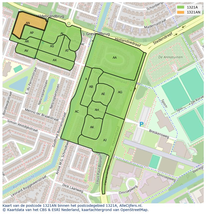 Afbeelding van het postcodegebied 1321 AN op de kaart.