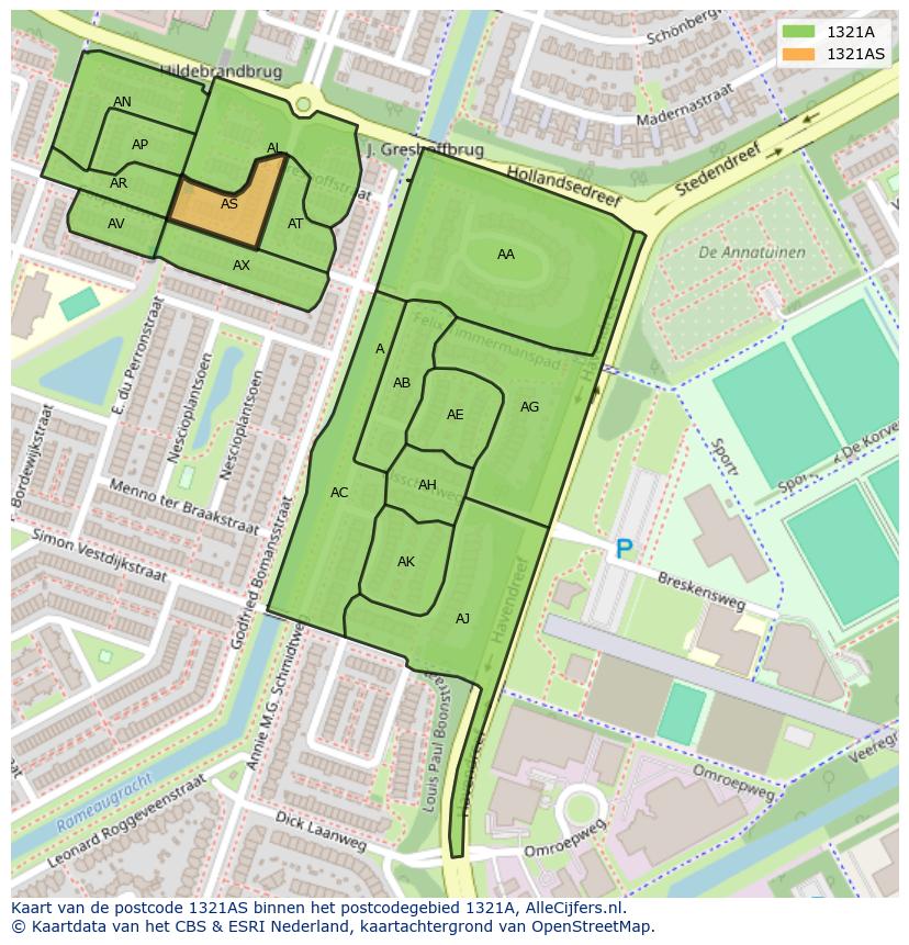 Afbeelding van het postcodegebied 1321 AS op de kaart.