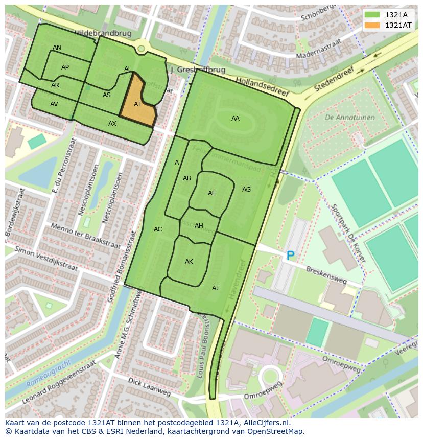 Afbeelding van het postcodegebied 1321 AT op de kaart.