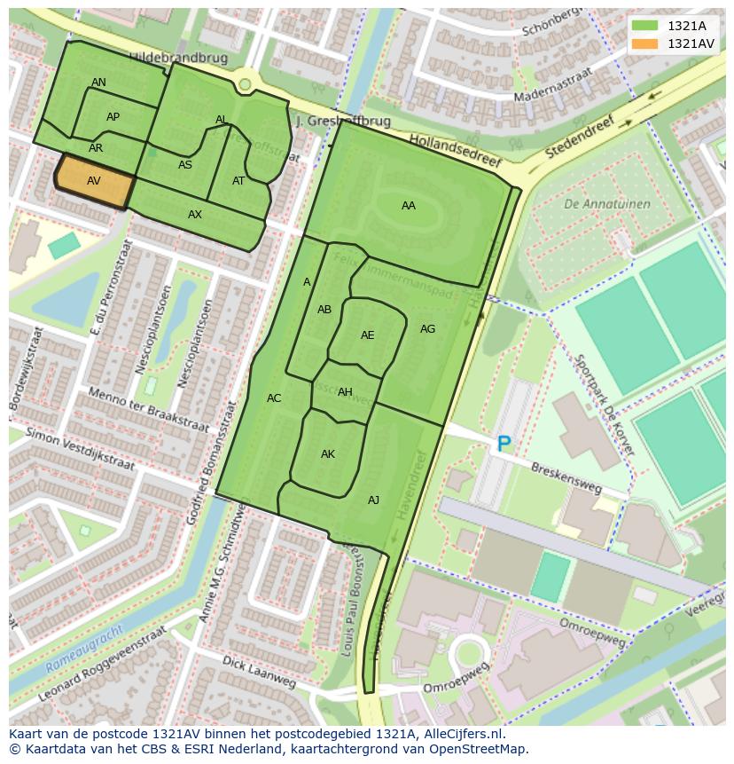 Afbeelding van het postcodegebied 1321 AV op de kaart.