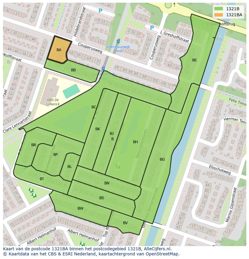 Afbeelding van het postcodegebied 1321 BA op de kaart.