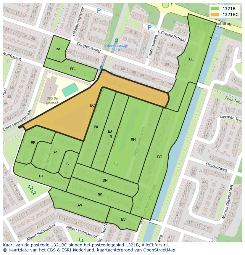 Afbeelding van het postcodegebied 1321 BC op de kaart.