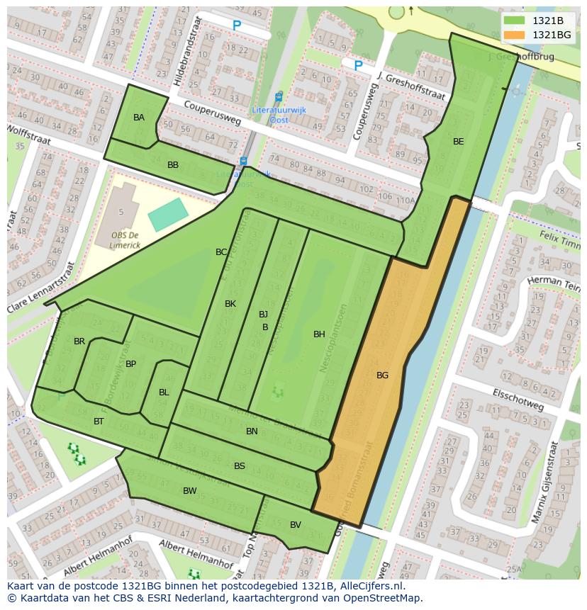 Afbeelding van het postcodegebied 1321 BG op de kaart.