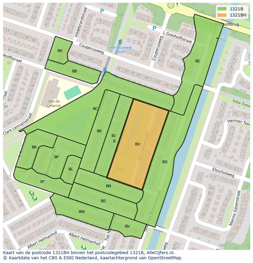 Afbeelding van het postcodegebied 1321 BH op de kaart.