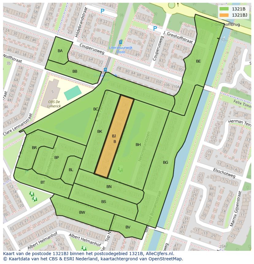 Afbeelding van het postcodegebied 1321 BJ op de kaart.