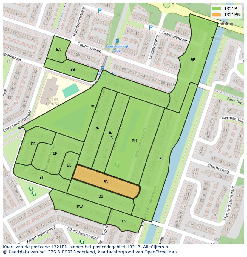 Afbeelding van het postcodegebied 1321 BN op de kaart.