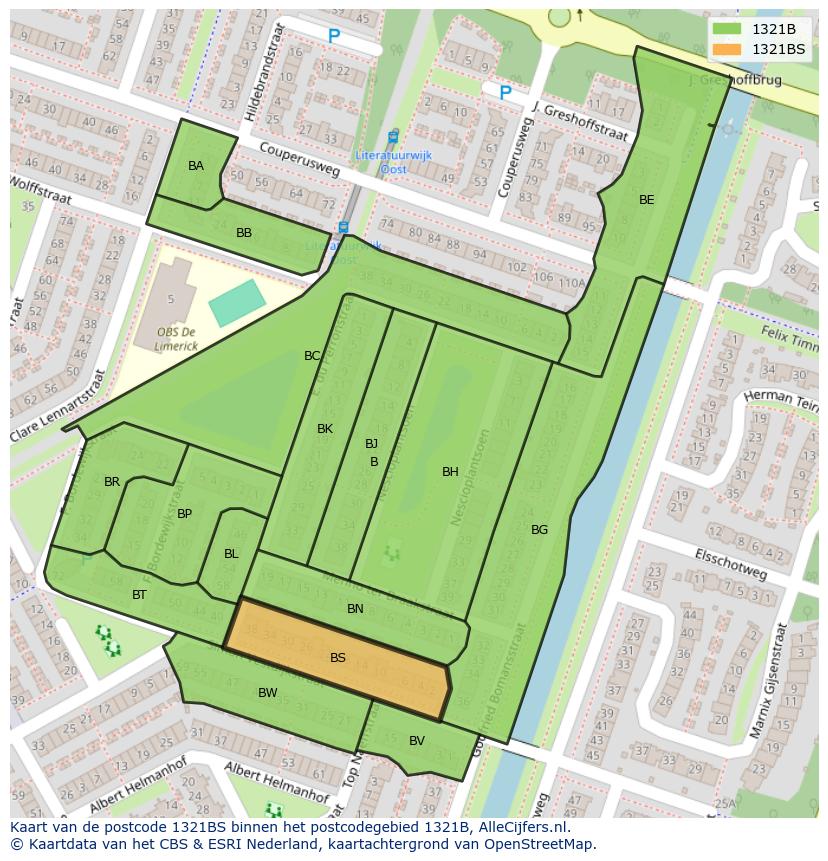Afbeelding van het postcodegebied 1321 BS op de kaart.