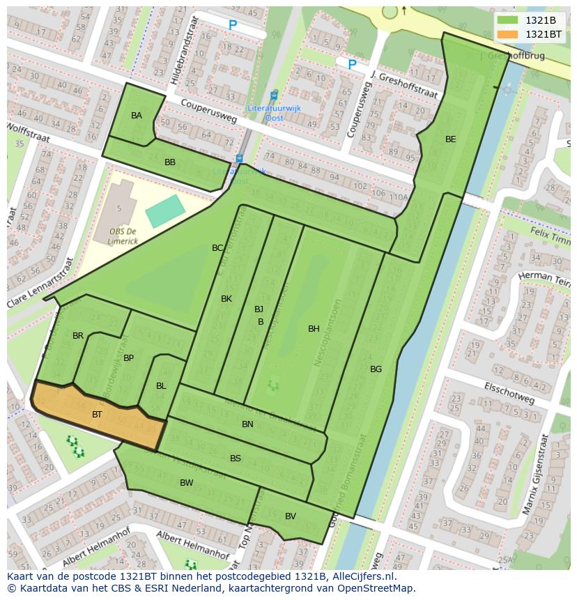 Afbeelding van het postcodegebied 1321 BT op de kaart.