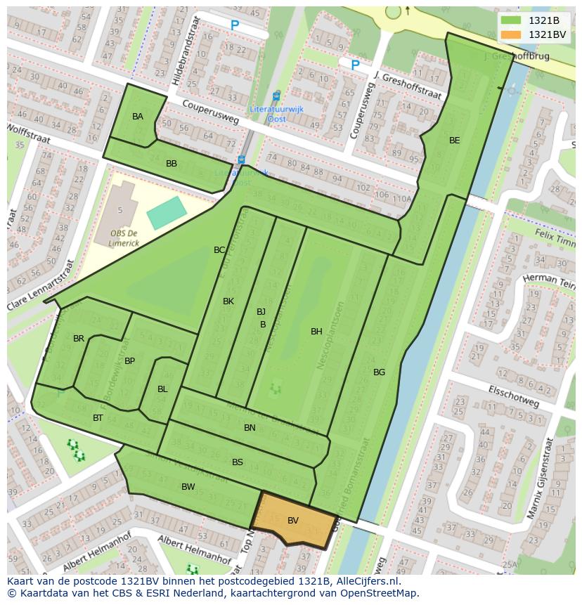 Afbeelding van het postcodegebied 1321 BV op de kaart.