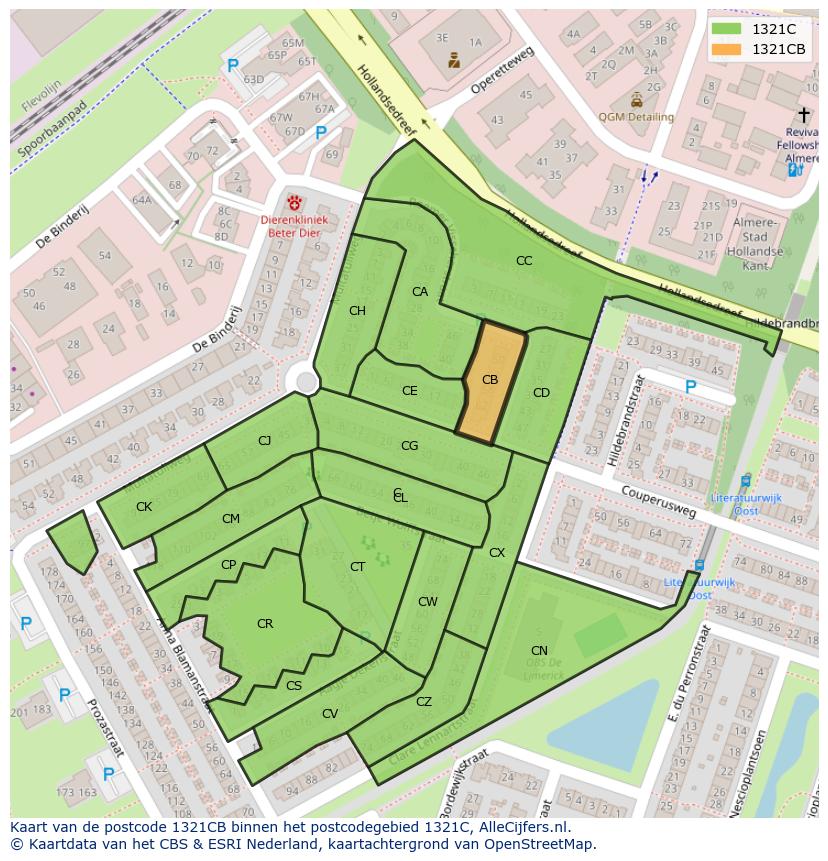Afbeelding van het postcodegebied 1321 CB op de kaart.