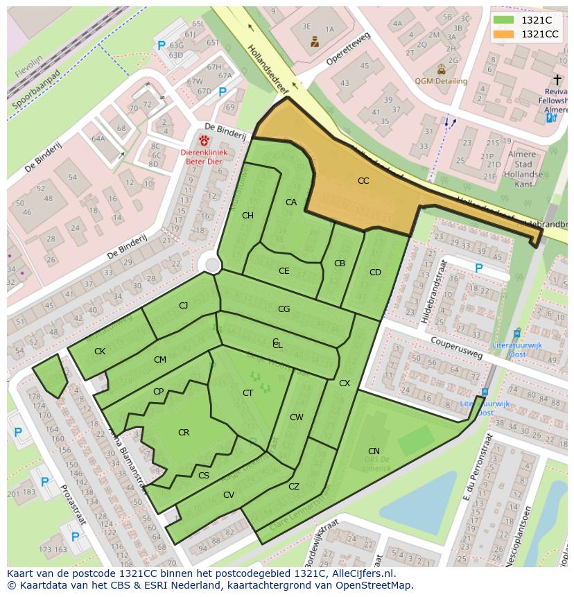 Afbeelding van het postcodegebied 1321 CC op de kaart.