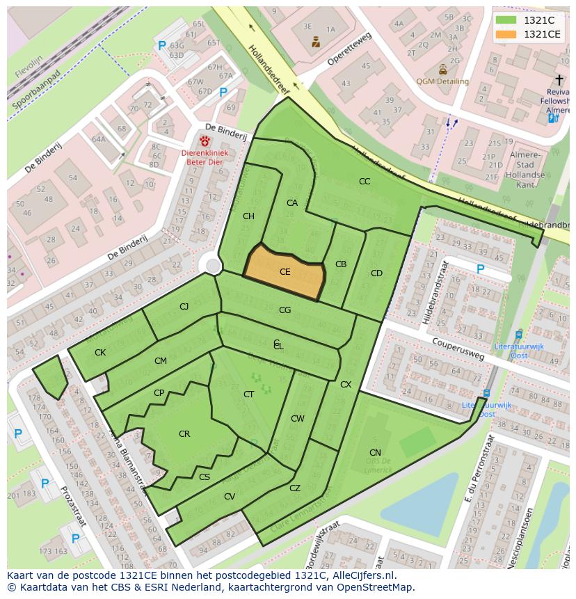 Afbeelding van het postcodegebied 1321 CE op de kaart.