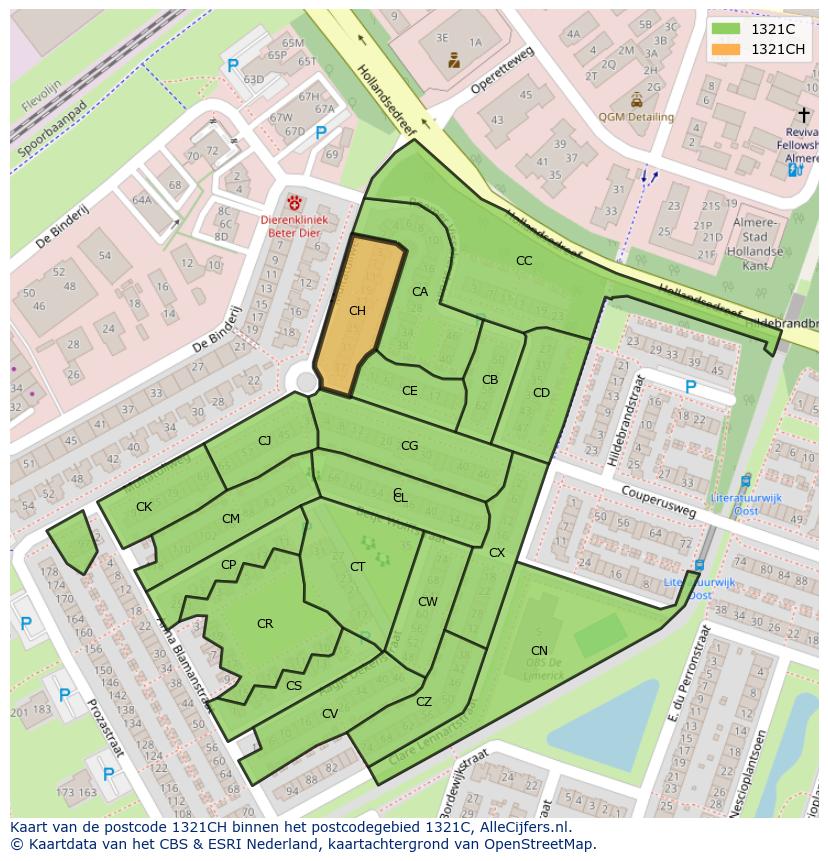 Afbeelding van het postcodegebied 1321 CH op de kaart.