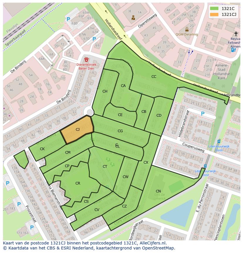 Afbeelding van het postcodegebied 1321 CJ op de kaart.