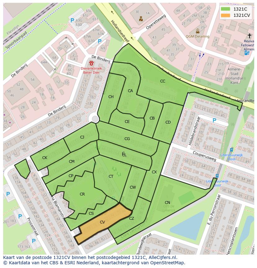 Afbeelding van het postcodegebied 1321 CV op de kaart.
