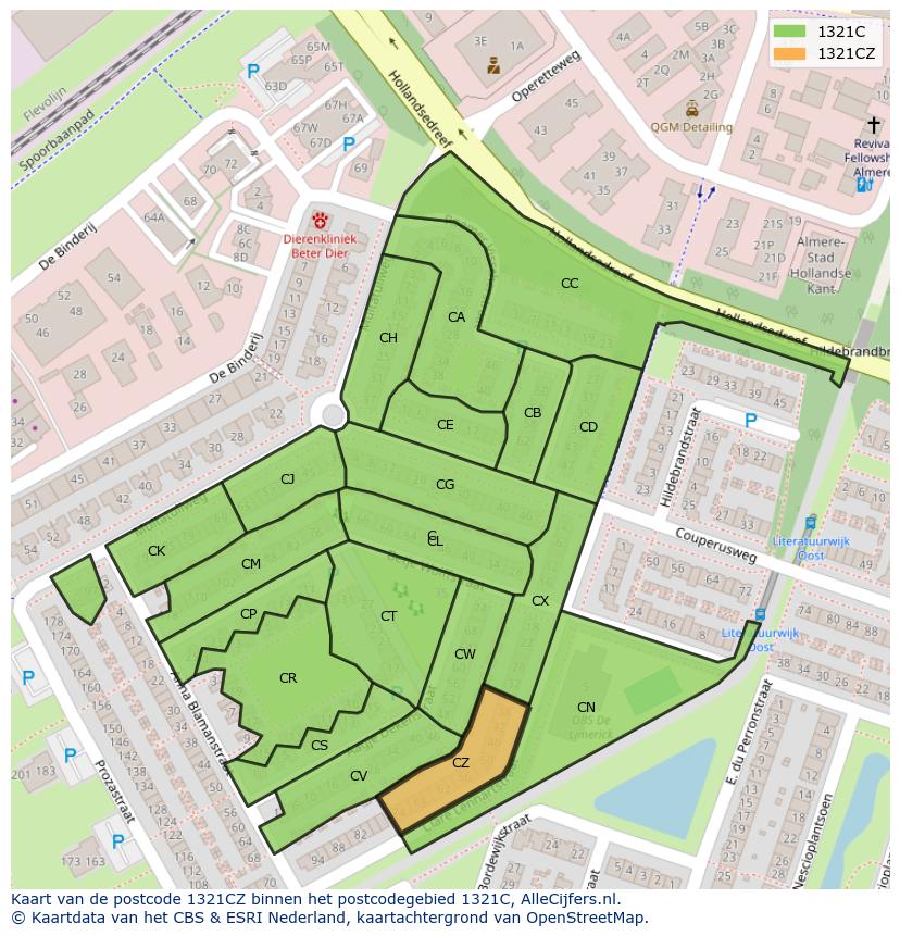 Afbeelding van het postcodegebied 1321 CZ op de kaart.