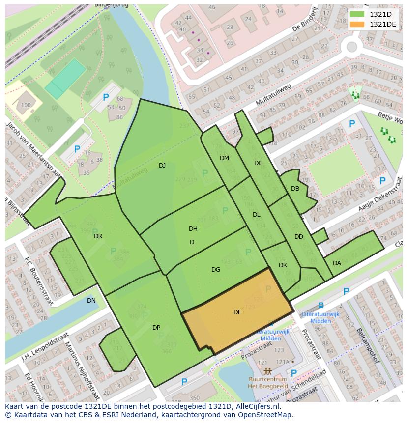 Afbeelding van het postcodegebied 1321 DE op de kaart.