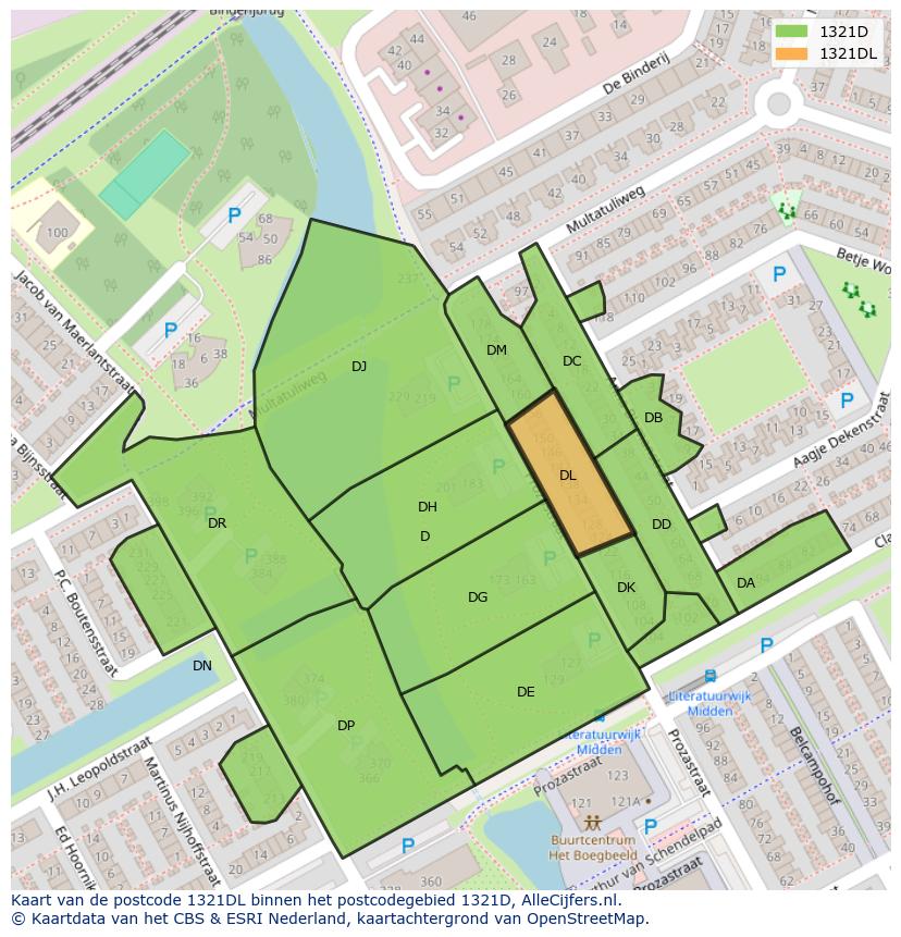 Afbeelding van het postcodegebied 1321 DL op de kaart.