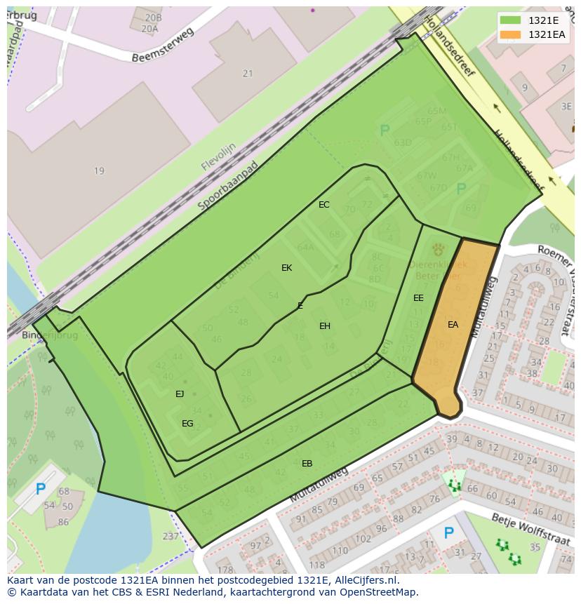Afbeelding van het postcodegebied 1321 EA op de kaart.