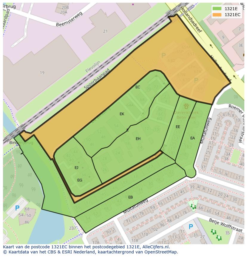 Afbeelding van het postcodegebied 1321 EC op de kaart.