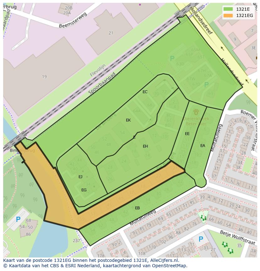 Afbeelding van het postcodegebied 1321 EG op de kaart.