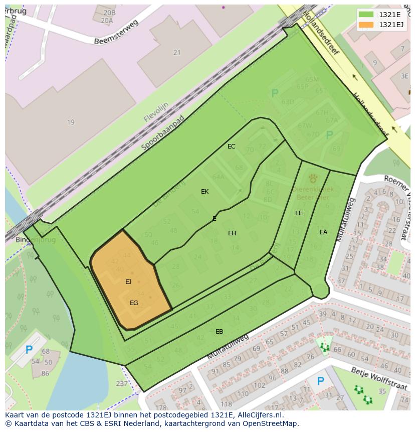 Afbeelding van het postcodegebied 1321 EJ op de kaart.