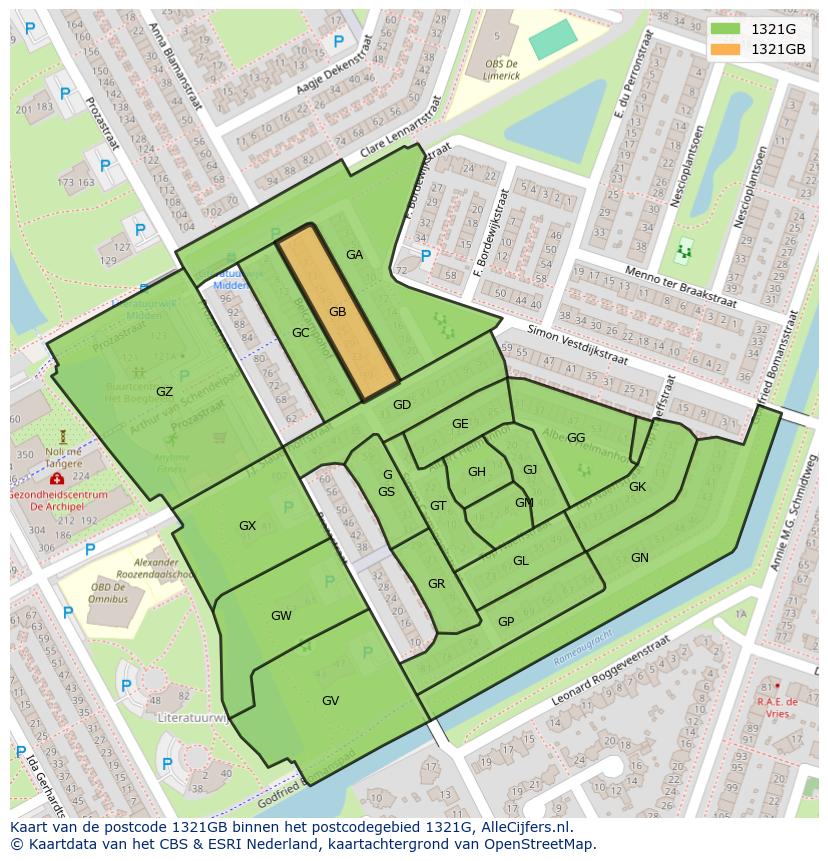 Afbeelding van het postcodegebied 1321 GB op de kaart.