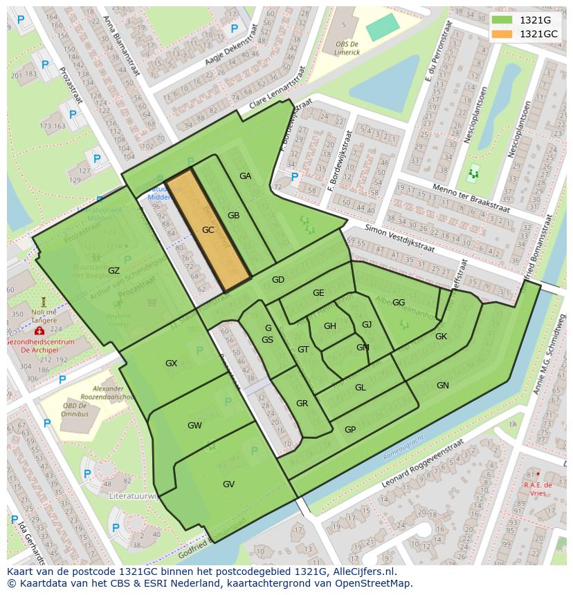 Afbeelding van het postcodegebied 1321 GC op de kaart.